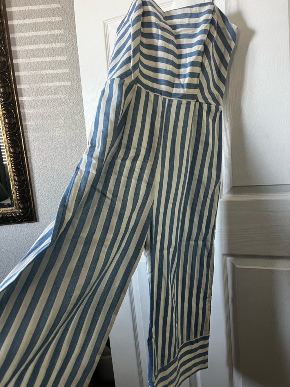 Blue and White Striped cropped wide leg jumpsuit